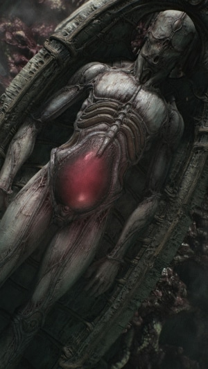 Scorn video game character in a sarcophagus