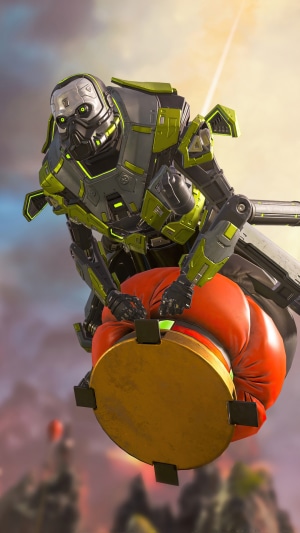 Caustic from Apex Legends holding a large red bag