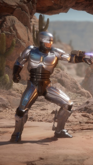 RoboCop from Mortal Kombat 11 in a desert