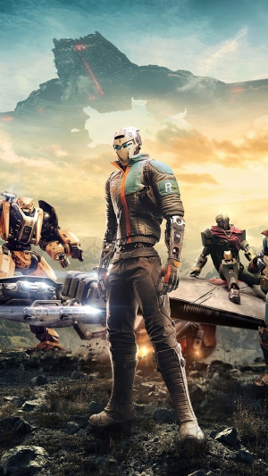 Disintegration video game characters with large spaceship