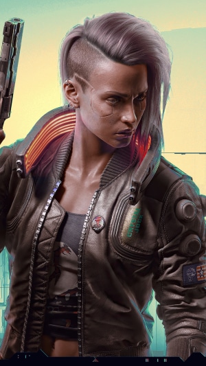 V from Cyberpunk 2077 holding a pistol