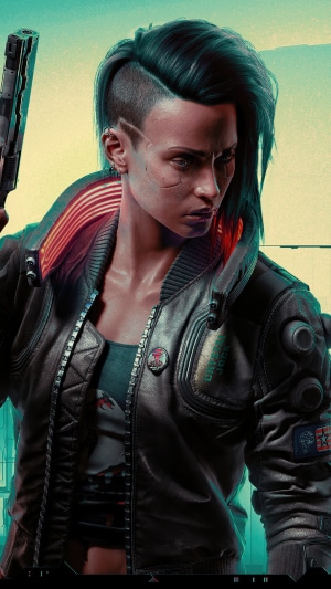 V from Cyberpunk 2077 holding a pistol
