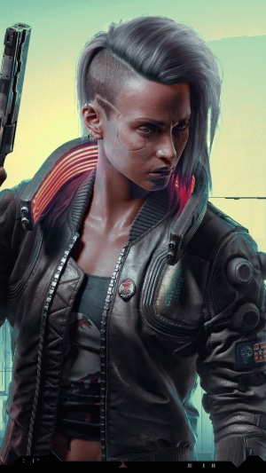 V from Cyberpunk 2077 holding a pistol