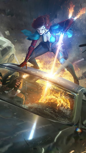 Woman with cybernetic arm and blue cape in Cyberpunk 2077
