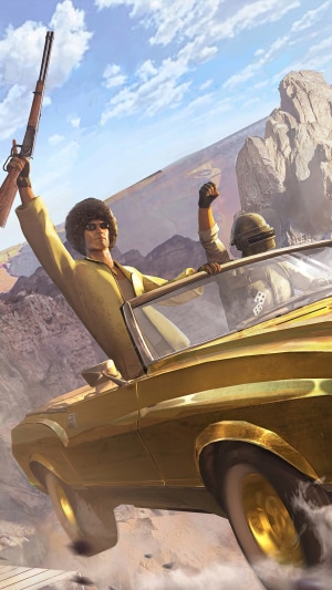 PUBG Mobile: Two players in a golden convertible with a rifle
