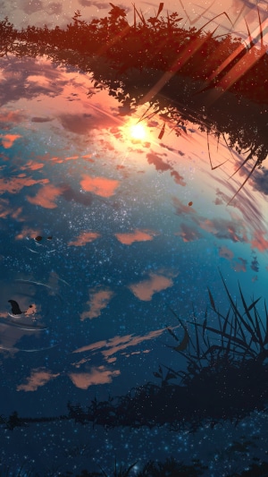 Anime sunset reflection with starry water
