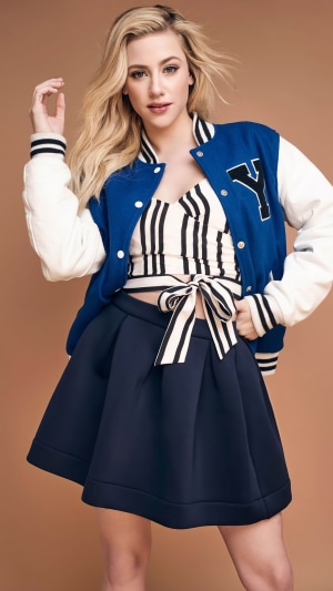Lili Reinhart wearing a varsity jacket and skirt
