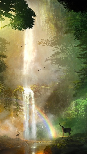 Deer by a waterfall with a rainbow in a jungle
