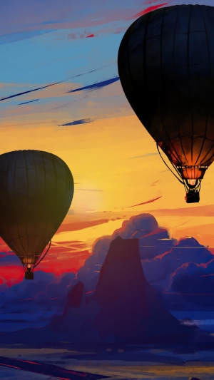 Hot Air Balloons Over Mountains at Sunset