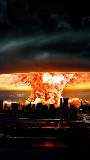 Atomic bomb explosion over a city