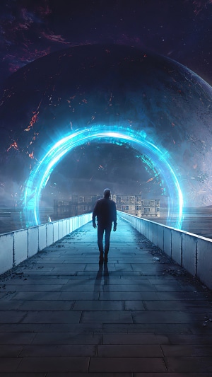 Man walks through a portal towards a planet
