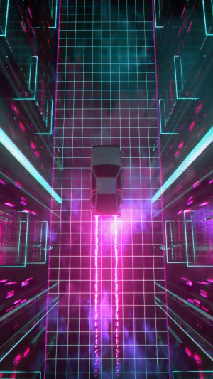Car driving on a neon grid road