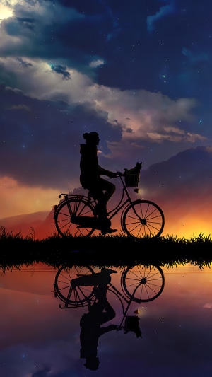 Silhouette of a person riding a bicycle at sunset