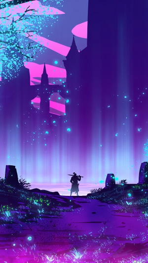 Fantasy warrior with sword in a magical landscape