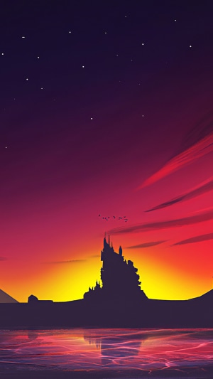 Minimalist castle silhouette at sunset with stars