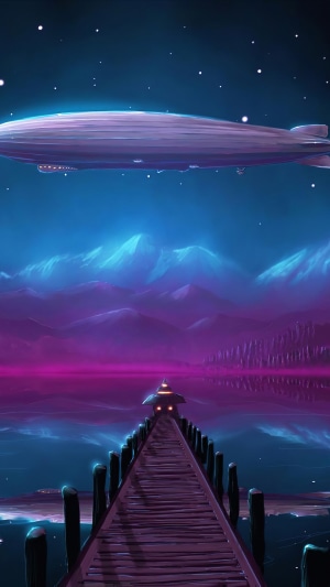 Zeppelin over a lake at night with mountains