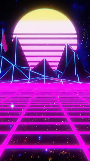 Retro Grid Landscape with Neon Mountains and Sun