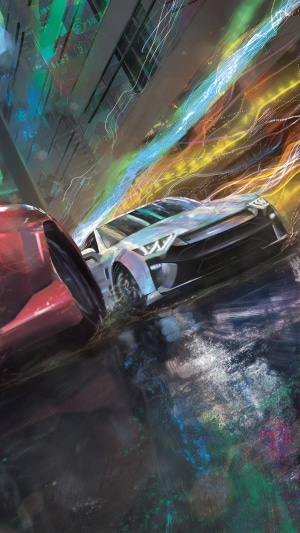 Sports cars racing through a colorful, abstract city street