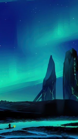 Night sky with aurora borealis over stone monoliths