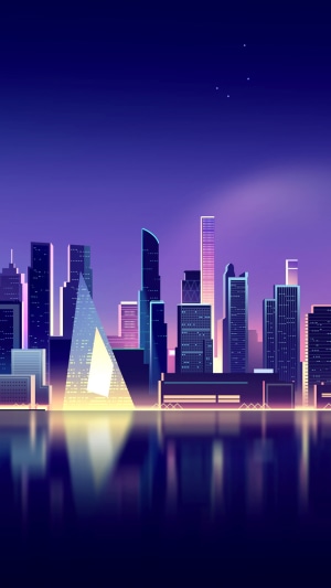 Neon City Skyline at Night with Reflections