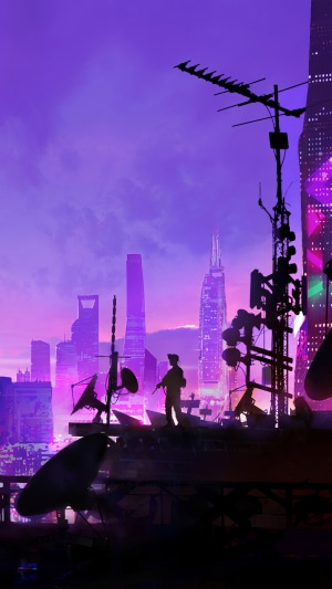 Cyberpunk city skyline with a soldier on a rooftop