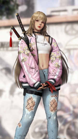Anime girl with blonde hair and katanas