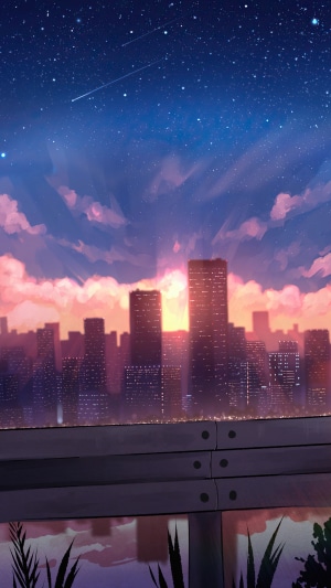 Anime city skyline at sunset with stars