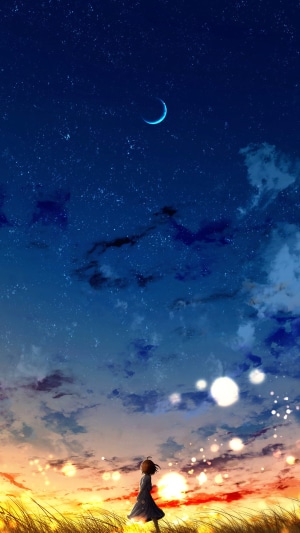 Anime girl looking at the starry sky with a crescent moon
