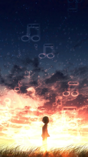 Anime girl watching musical notes at sunset