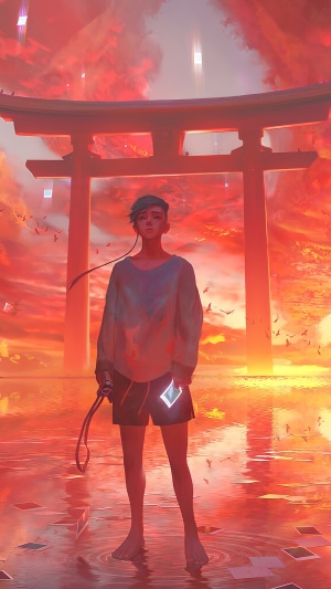 Anime boy with blue hair standing in front of a torii gate at sunset