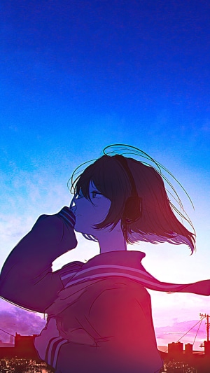Anime girl with headphones looking at the sky