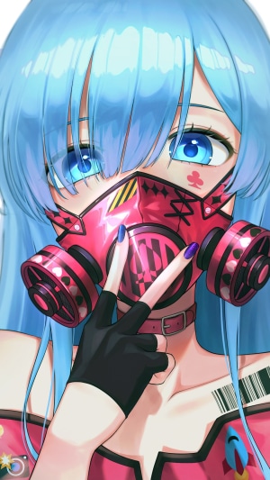 Anime Girl with Blue Hair and Gas Mask