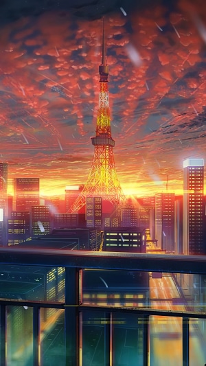 Tokyo Tower cityscape at sunset with falling meteors