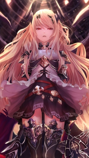 Anime girl with blonde hair and red eyes in armor