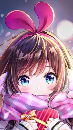 Cute Anime Girl with Pink Scarf and Heart Box
