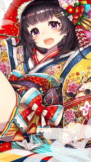 Anime girl in a colorful kimono with flowers