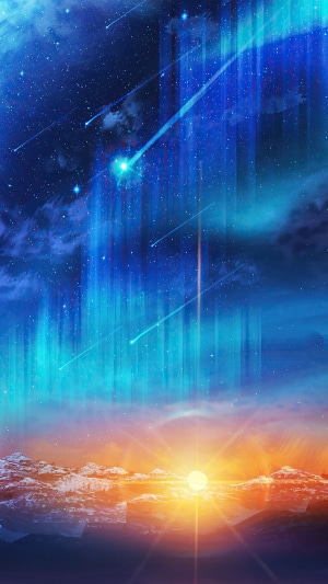 Aurora Borealis over mountains at sunrise with shooting stars
