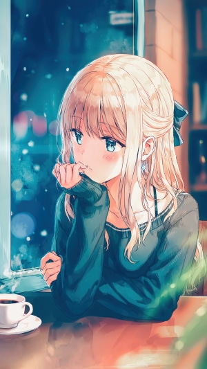 Blonde Anime Girl in Sweater at Cafe