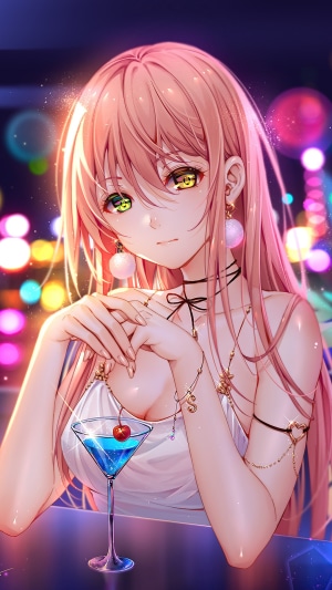 Anime girl with pink hair and green eyes at a bar