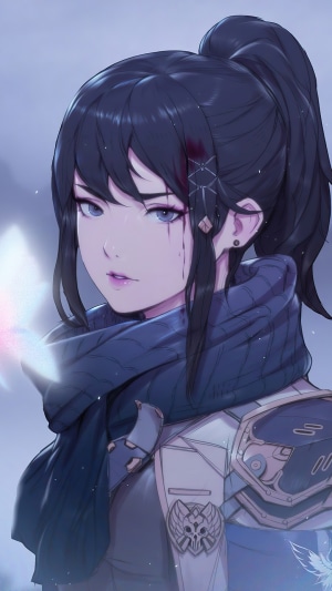 Anime girl warrior with dark hair and blue scarf