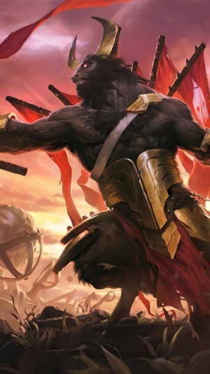 Minotaur warrior with red banners from Legends of Runeterra