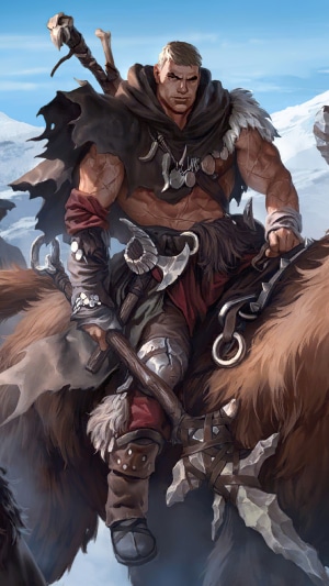 A barbarian warrior riding a furry beast in a snowy landscape