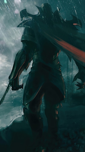 A dark knight with a sword and cape