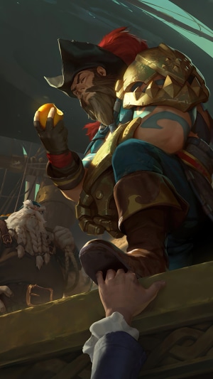 Gangplank from League of Legends holding an orange