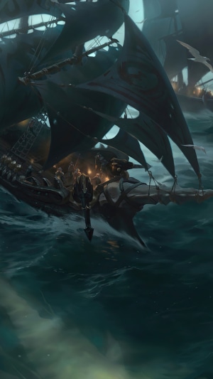 Pirate ships sailing on a stormy sea in Legends of Runeterra