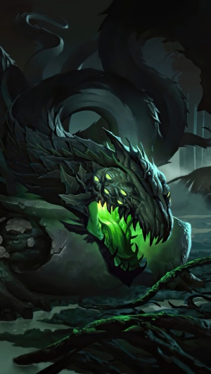 A dark dragon with glowing green eyes and mouth from Legends of Runeterra
