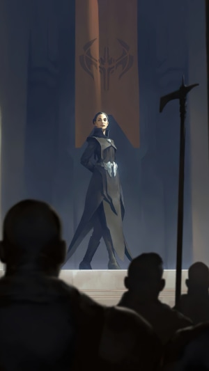 Woman in dark robes before a banner in Legends of Runeterra