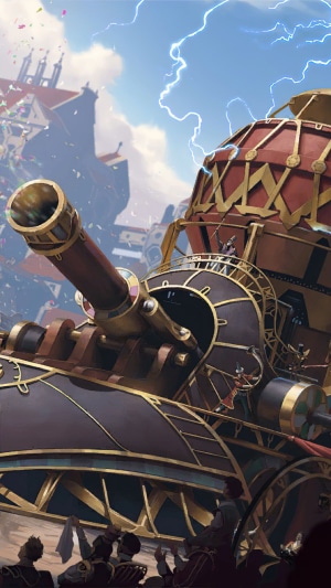 A large steampunk vehicle with a cannon in Legends of Runeterra