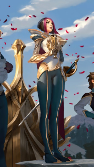 Fiora from Legends of Runeterra holding a trophy