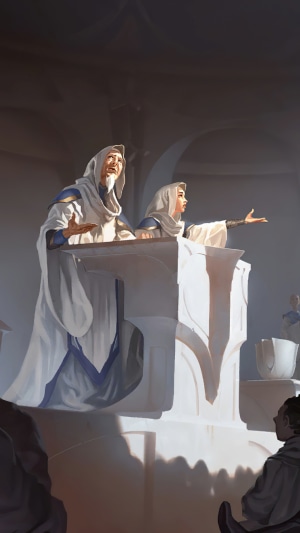 Two figures in robes speaking from a podium in Legends of Runeterra